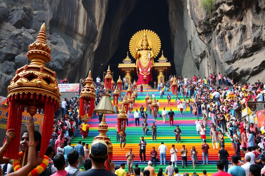 Colorful celebration of Thaipusam festival at Batu Caves with devotees carrying kavadis - Malaysia travel guide
