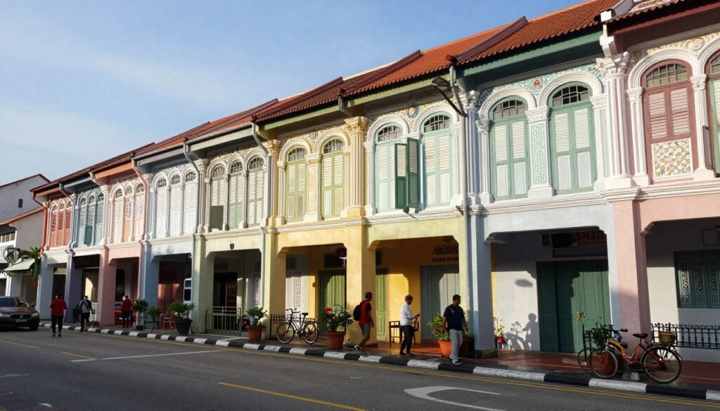 Colorful colonial shophouses along George Town street with ornate facades