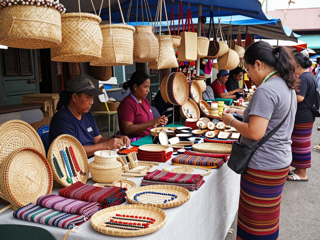 Colorful display of traditional handicrafts and woven baskets at local market