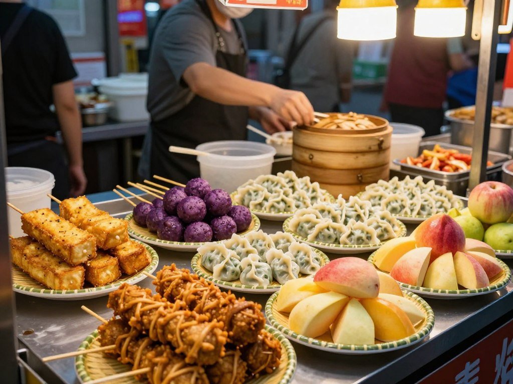 Colorful display of vegetarian street food at Taiwan night market with tofu skewers sweet potato balls and vegetable dumplings