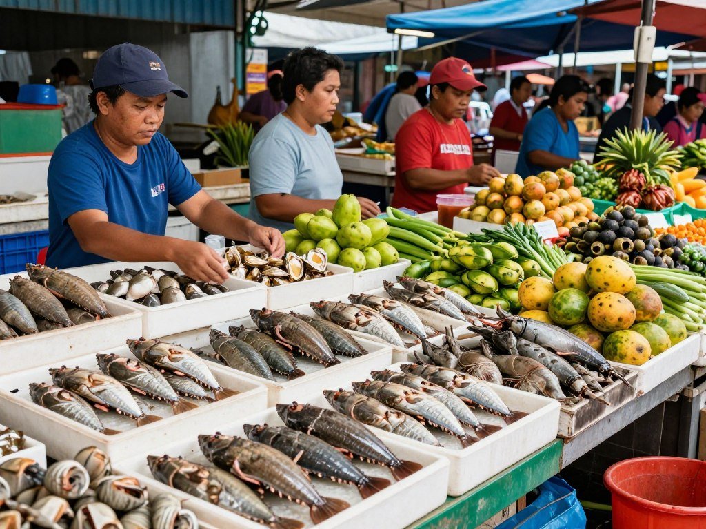 Colorful fresh seafood display at Kota Kinabalu Filipino Market with vendors