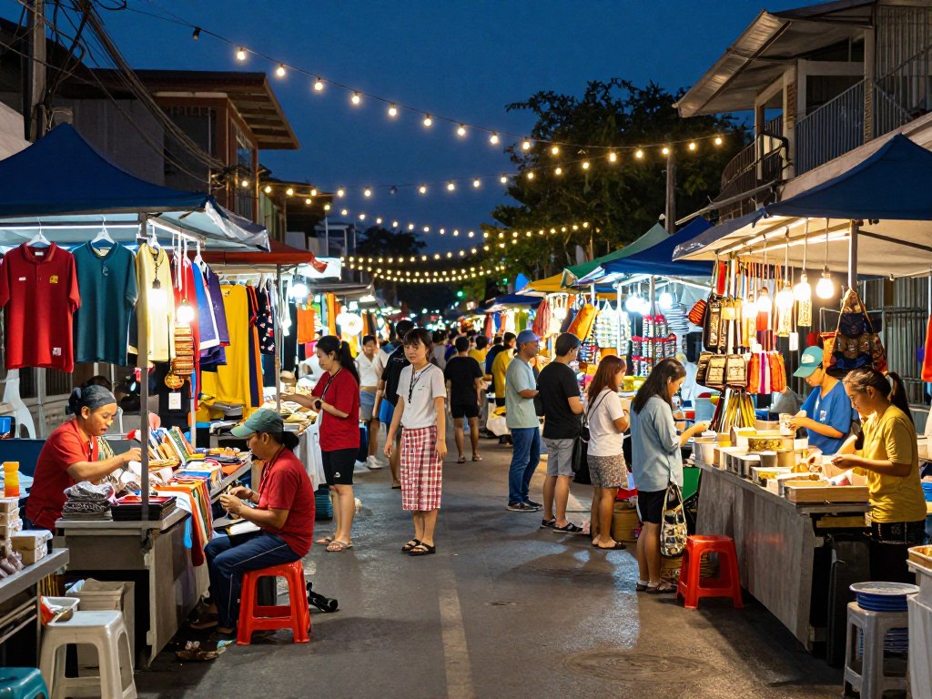 Colorful items at Phuket weekend market with vendors and shoppers