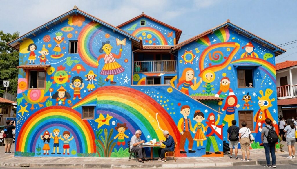 Colorful painted walls and paths at Rainbow Village Colorful painted walls and paths at Rainbow Village