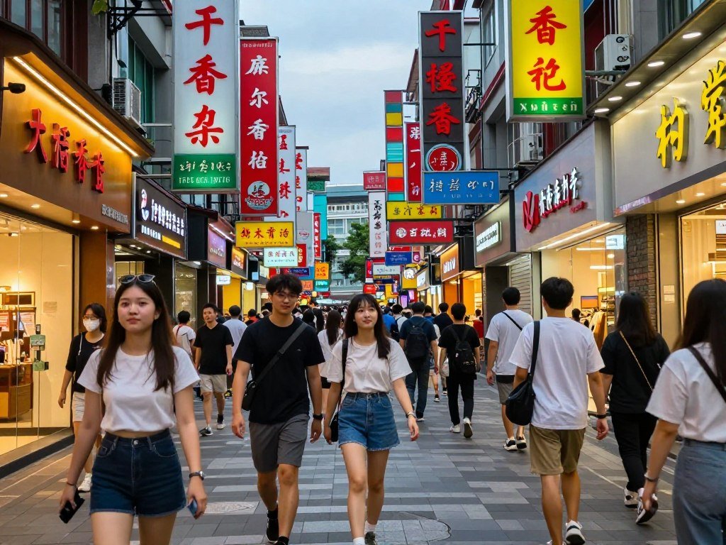 Colorful pedestrian street in Ximending district with shops and crowds