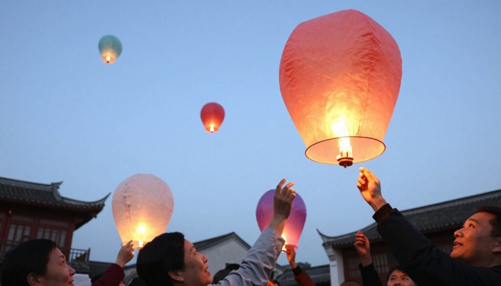 Colorful sky lanterns being released into the air at Shifen Colorful sky lanterns being released into the air at Shifen