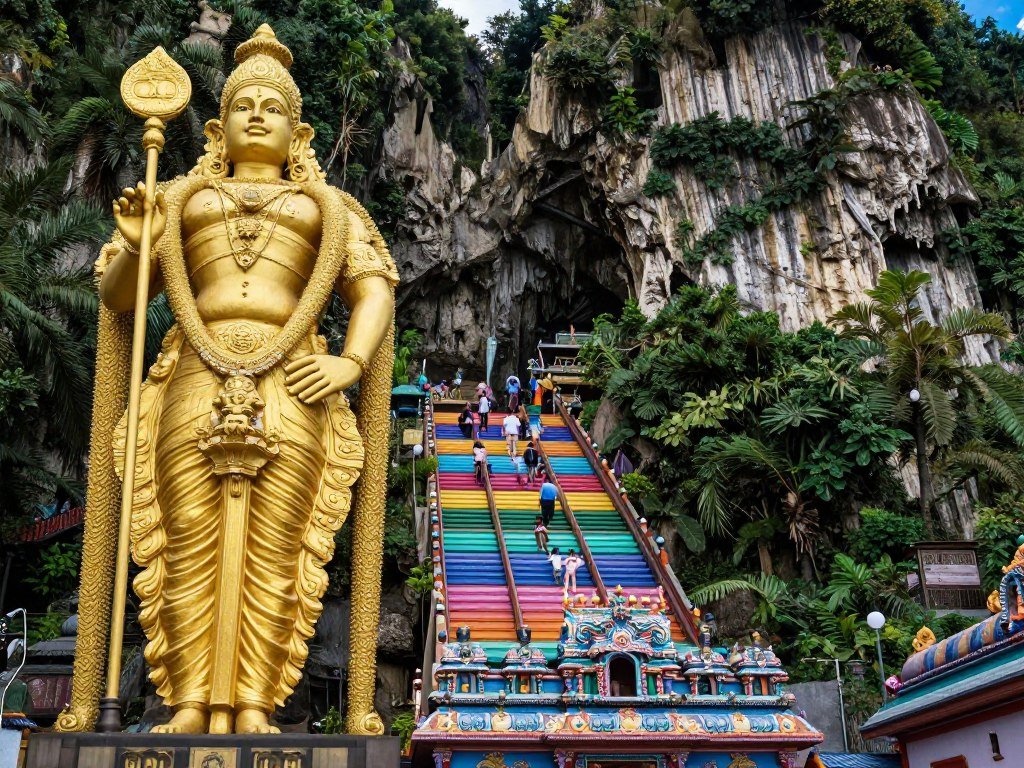 Colorful stairs leading to Batu Caves with golden statue