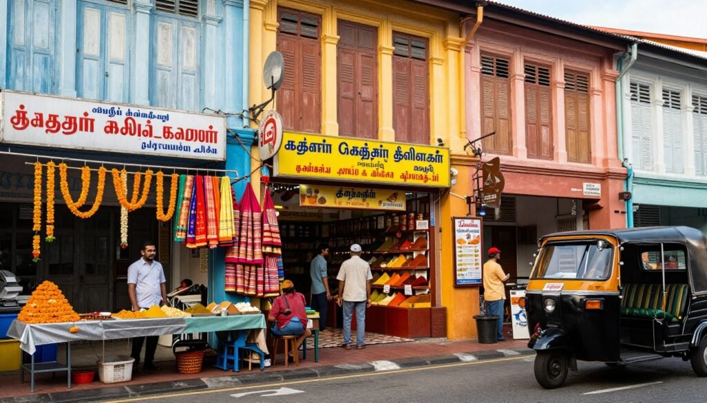 Colorful street scene in Brickfields Little India with traditional shops and street vendors