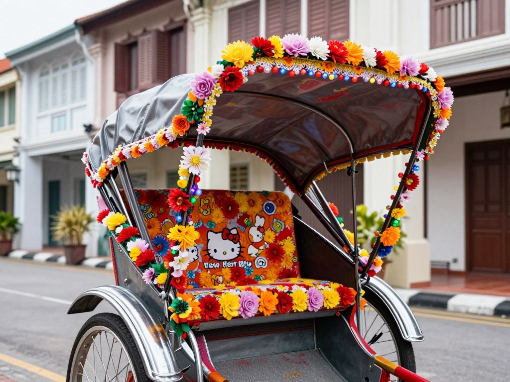 Colorfully decorated trishaws in Malacca with Hello Kitty and cartoon themes