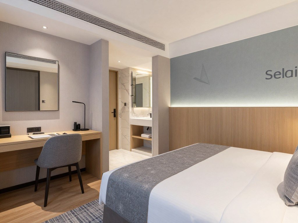 Comfortable mid-range hotel room with modern amenities Comfortable mid-range hotel room with modern amenities