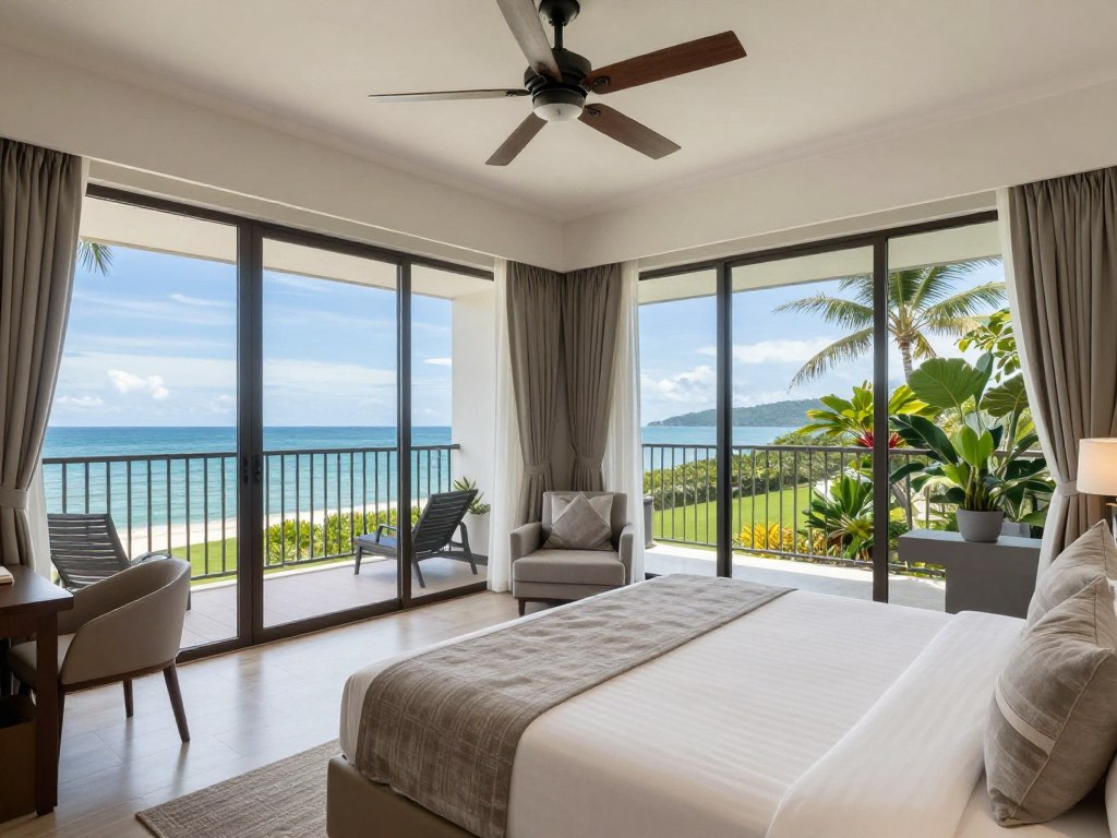 Comfortable resort room with ocean view and tropical garden in Sabah