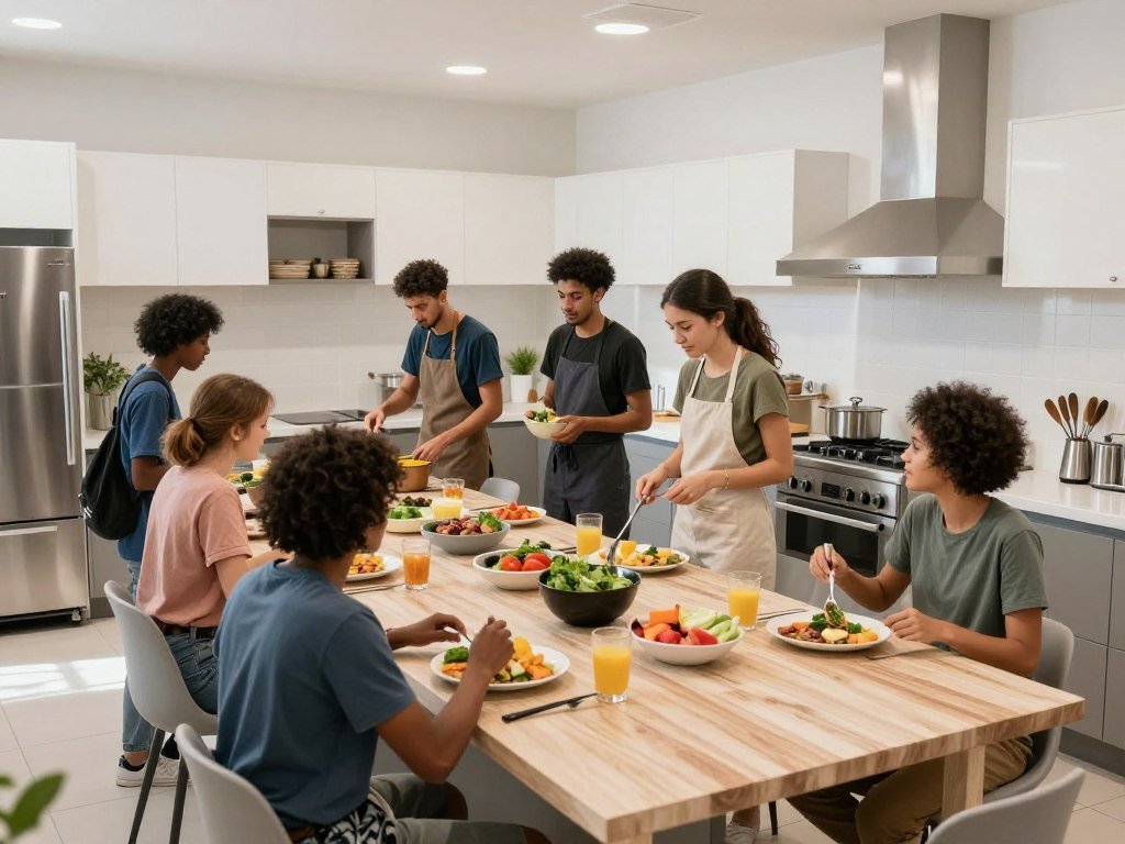 Communal kitchen at Space Inn hostel with travelers cooking