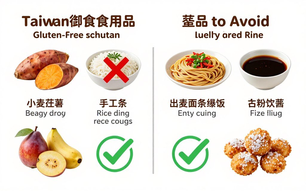 Comparison chart showing gluten-free safe versus unsafe Taiwan street foods with ingredient labels and warnings