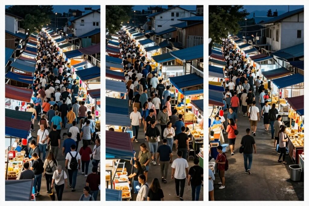 Comparison view showing crowd density differences between three Taipei night markets