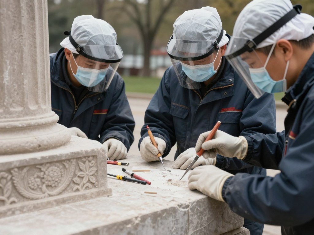 Conservation team working on restoration of ancient stone structures