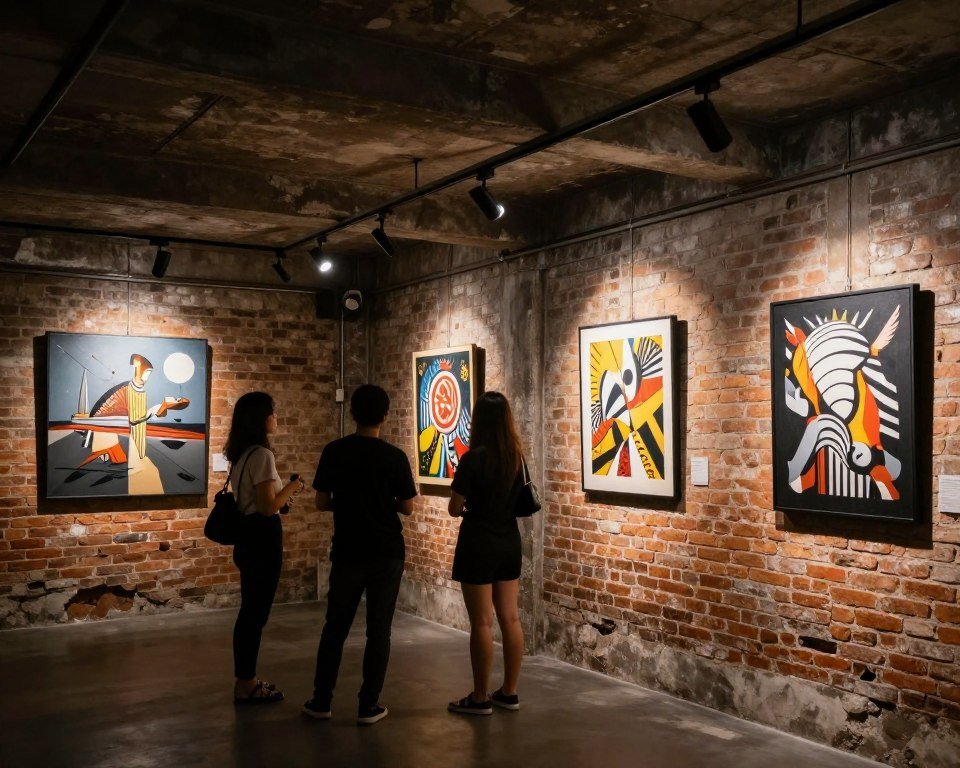 Contemporary art exhibition in underground gallery space with exposed brick walls