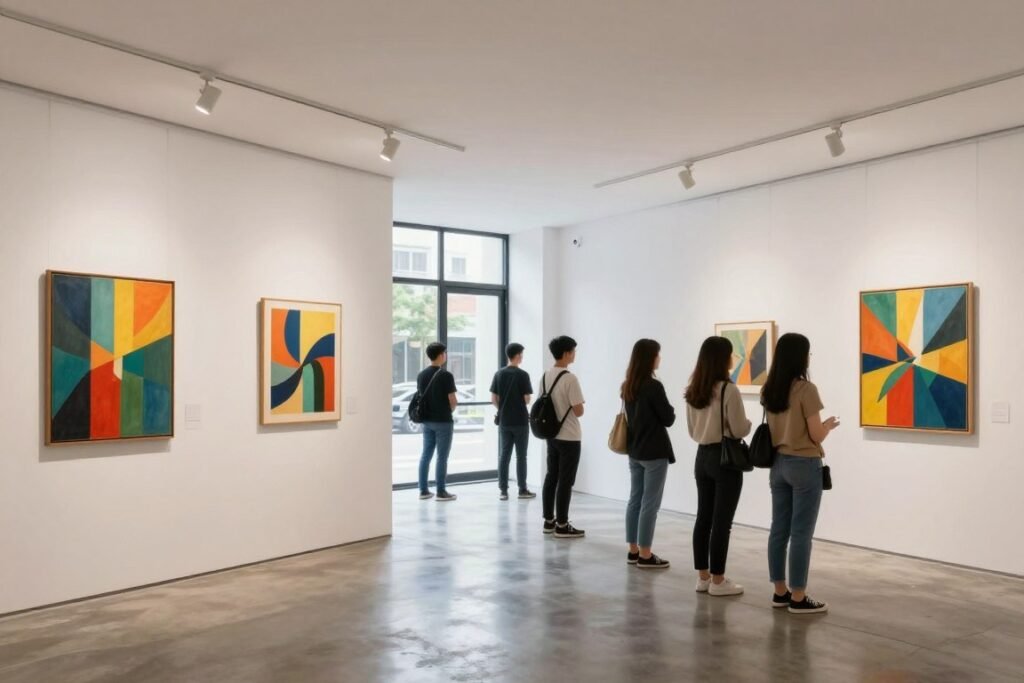 Contemporary art gallery interior in Hanoi with Vietnamese artwork and modern exhibition space