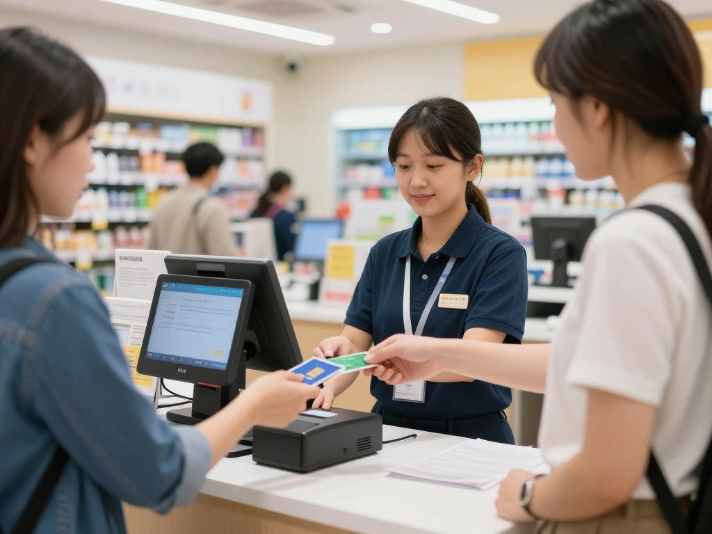 Convenience store payment counter showing various payment options Convenience store payment counter showing various payment options