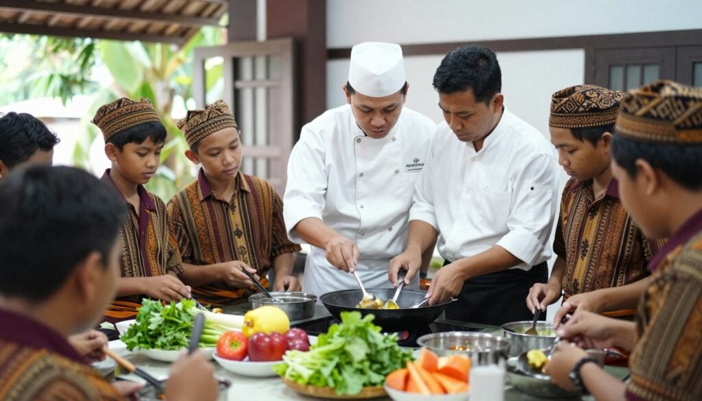 Cooking class participants learning to make Sundanese dishes