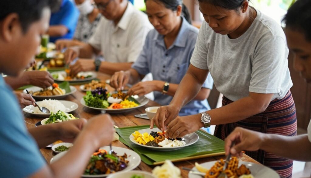 Cooking class participants preparing traditional Khmer dishes Cooking class participants preparing traditional Khmer dishes