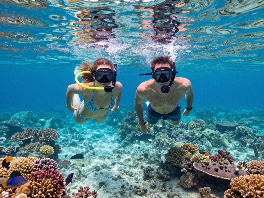 Couple snorkeling together in crystal clear tropical water with coral below