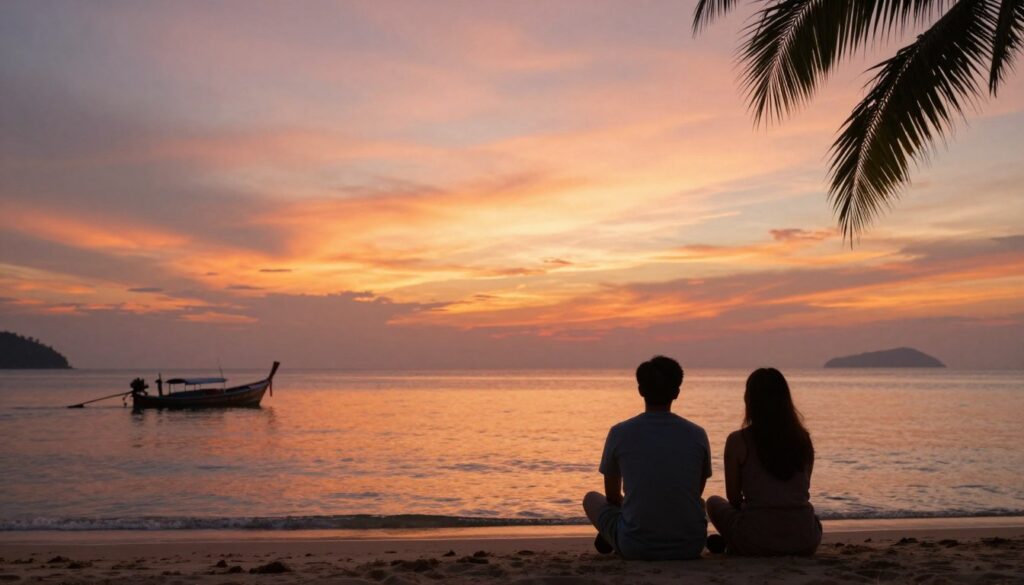 Couple watching sunset on Phuket beach