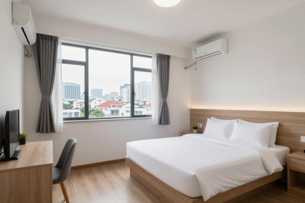 Cozy budget hotel room in Ho Chi Minh City with bed and window