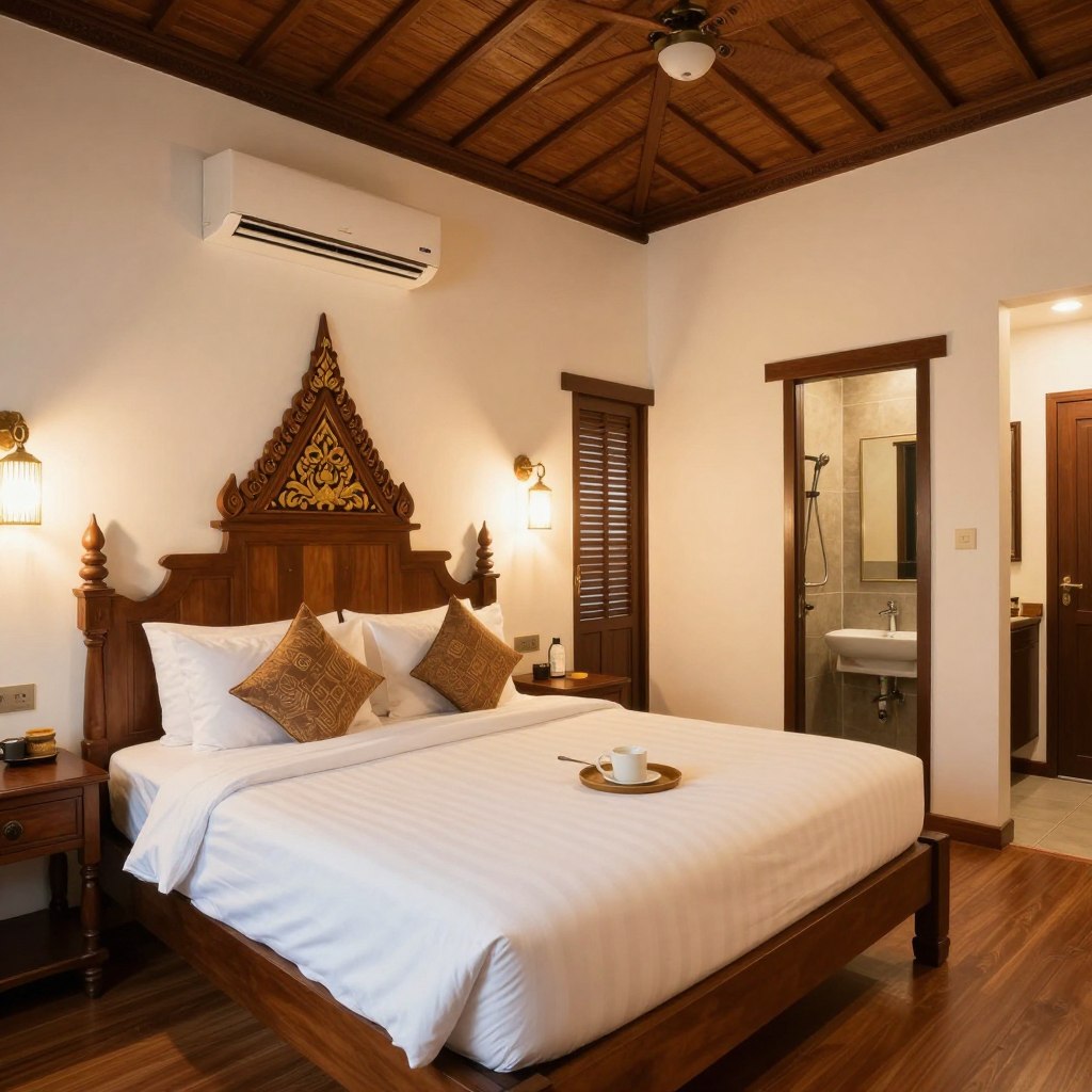 Cozy guesthouse room in Chiang Mai with traditional Thai decor