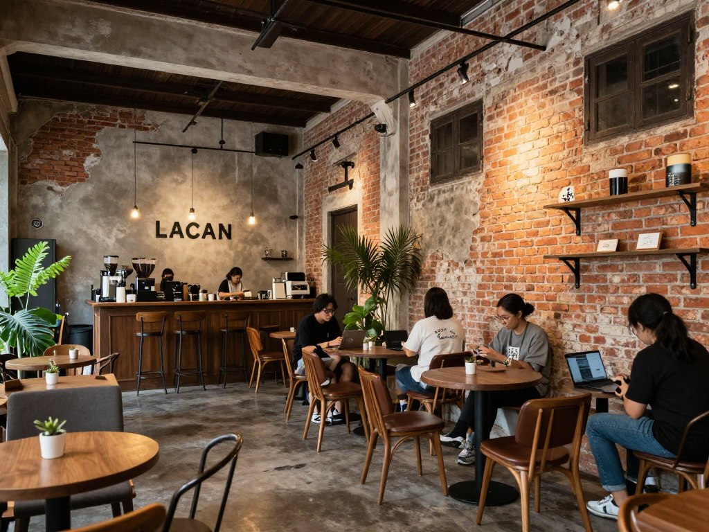 Cozy heritage cafe interior in Malacca with vintage furniture and coffee