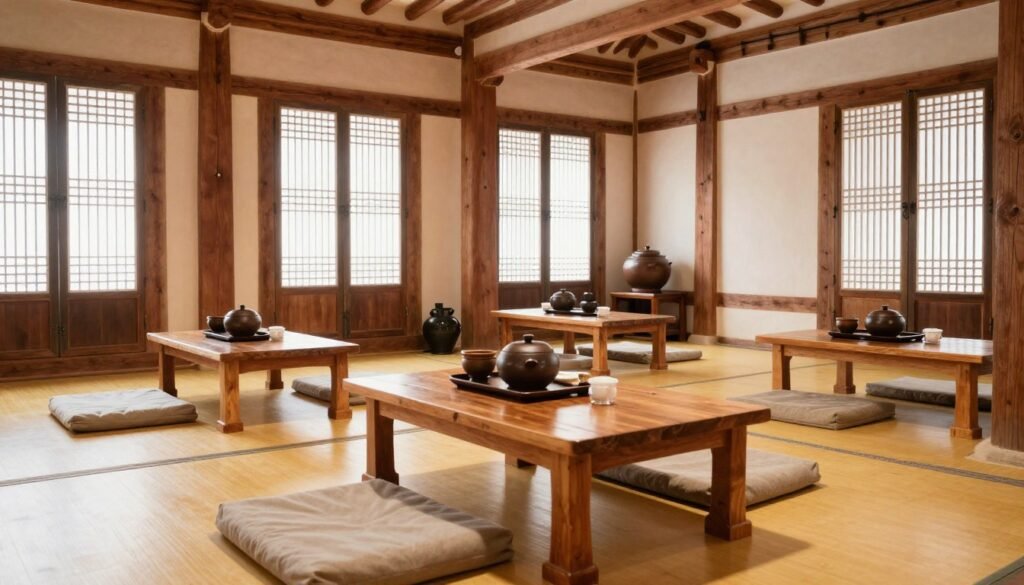 Cozy traditional Korean tea house interior in hanok building with low tables