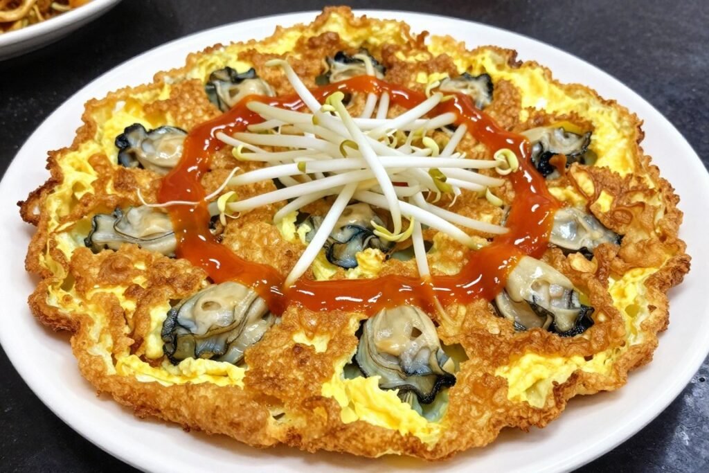 Crispy oyster omelet hoi tod with bean sprouts and sweet chili sauce showing Bangkok street food