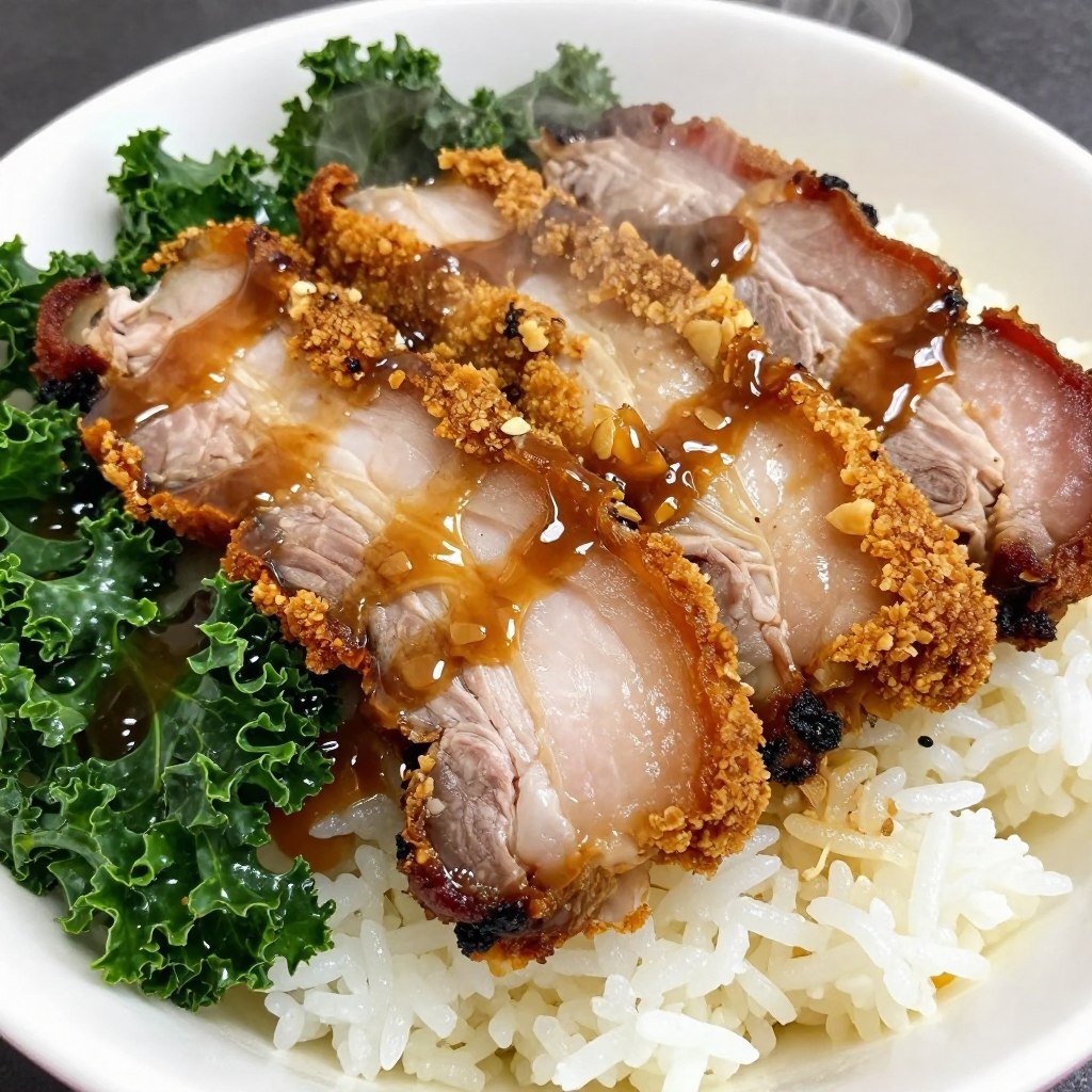 Crispy pork belly moo grob with crackling skin over rice showing popular Bangkok street food dish