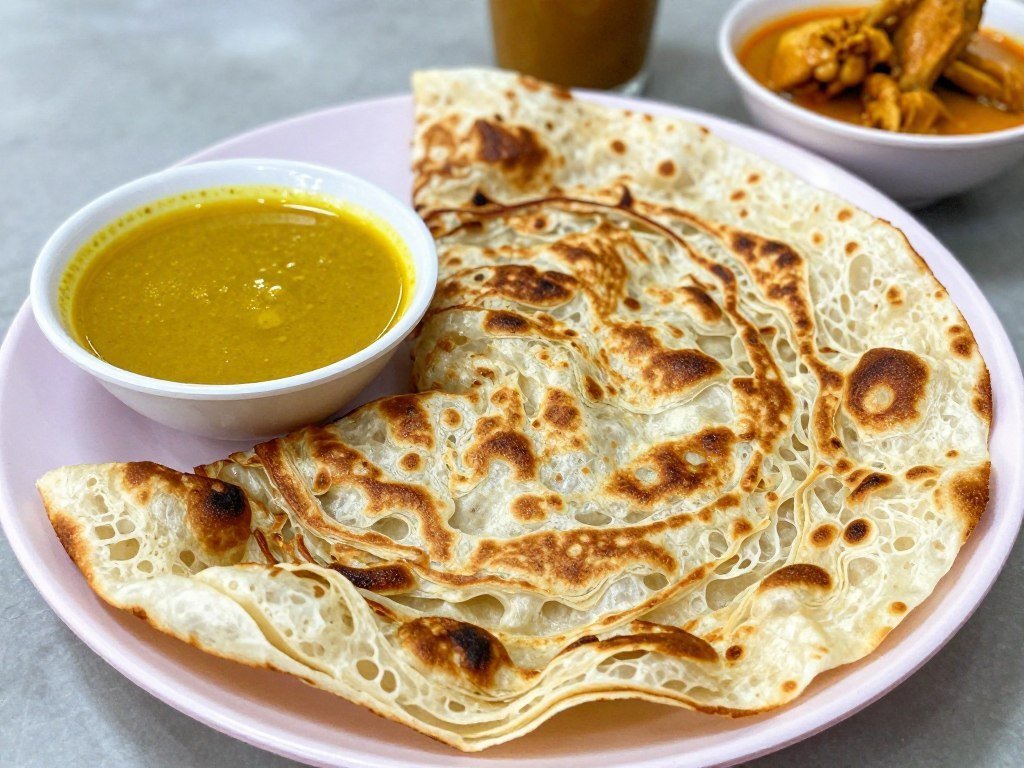 Crispy roti canai with curry sauce showing Malaysian street food