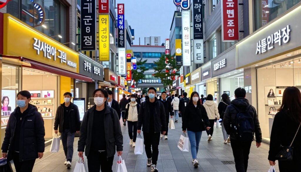 Crowded Myeongdong shopping street with cosmetics stores and shoppers