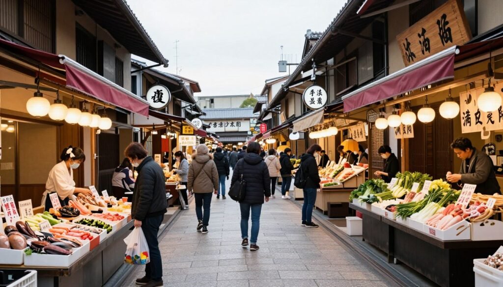 Crowded Nishiki Market covered shopping arcade with food stalls and shoppers Crowded Nishiki Market covered shopping arcade with food stalls and shoppers