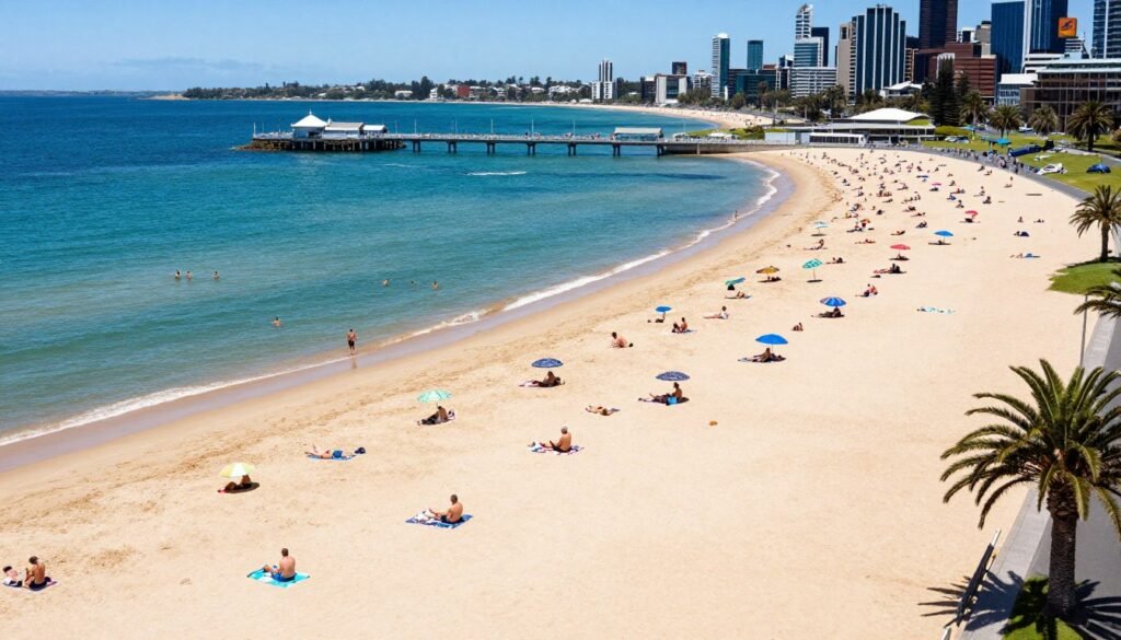 Crowded St Kilda Beach on a sunny summer day
