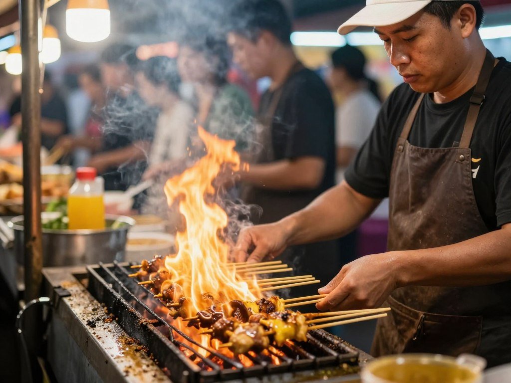 Crowded night market food stall with Thai street food being prepared