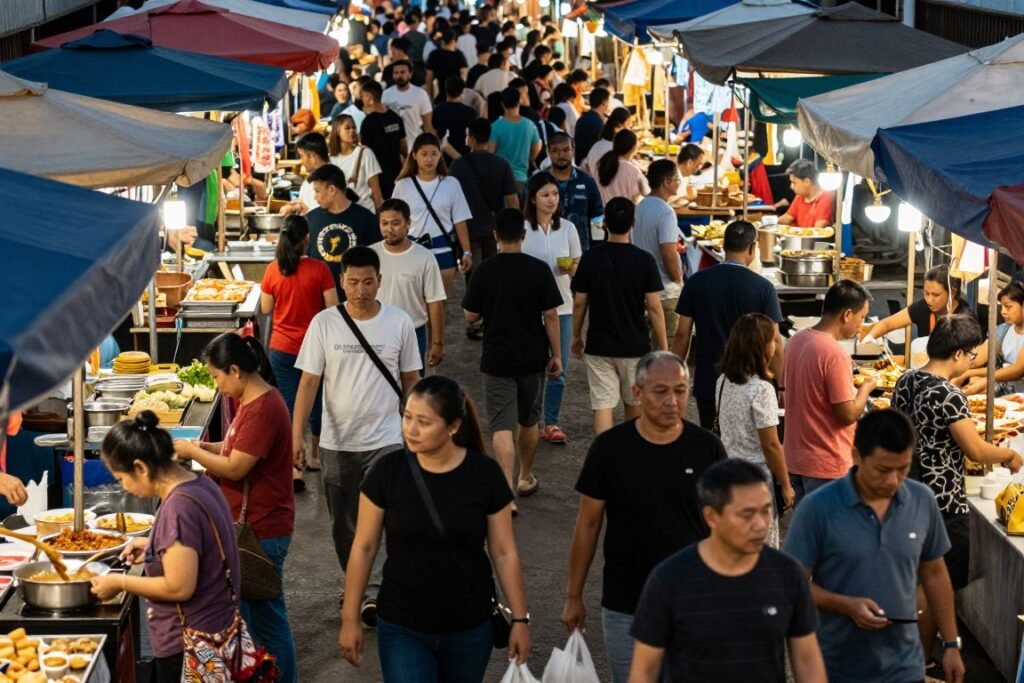 Crowded night market scene showing proper visitor behavior and navigation