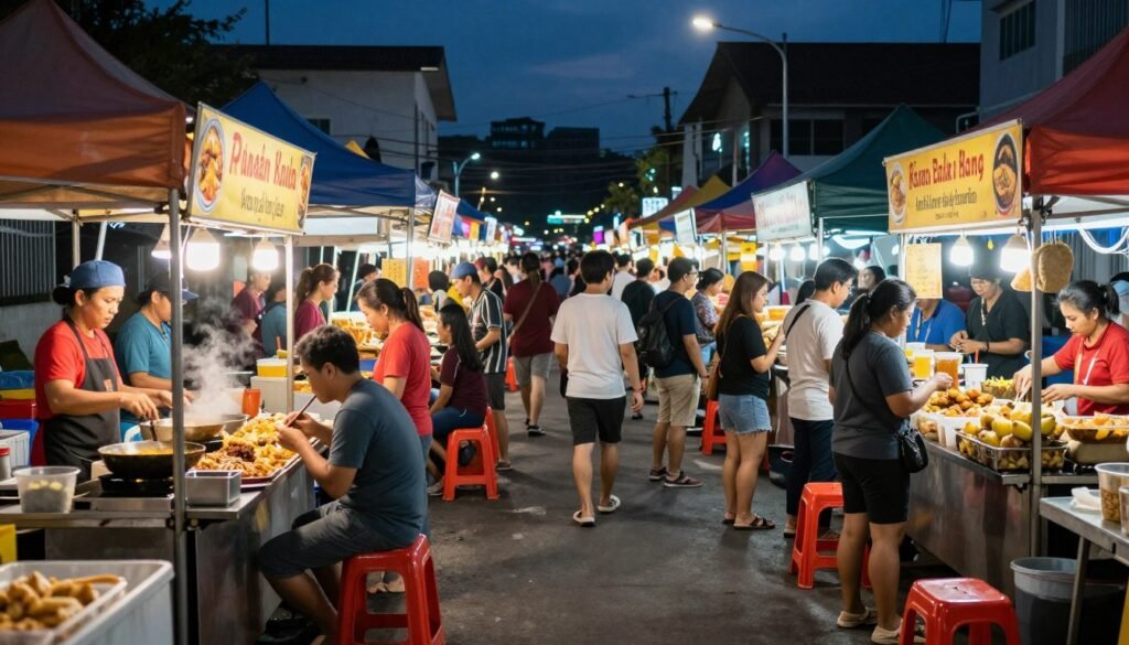 Crowded night market scene showing variety of food stalls and people eating popular street food Kuala Lumpur