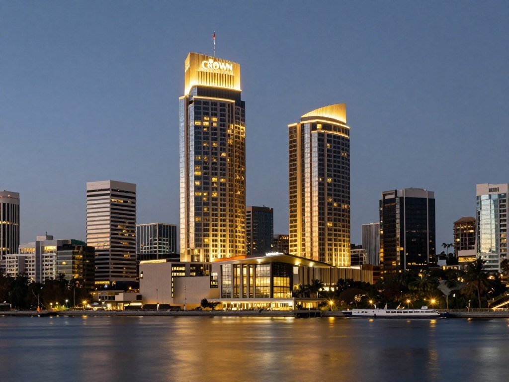 Crown Towers Perth exterior illuminated at night along Swan River