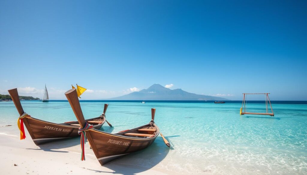 Crystal clear waters of Gili Islands with beach swings and traditional boats - Indonesia travel guide