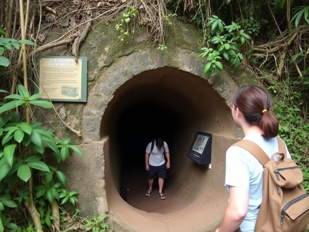 Cu Chi Tunnels entrance with visitor demonstrating the small size - Vietnam Travel Guide