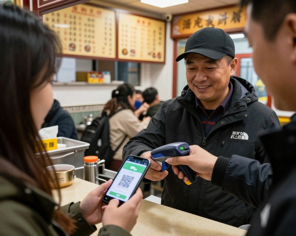 Customer paying with WeChat Pay QR code at Beijing restaurant cashier