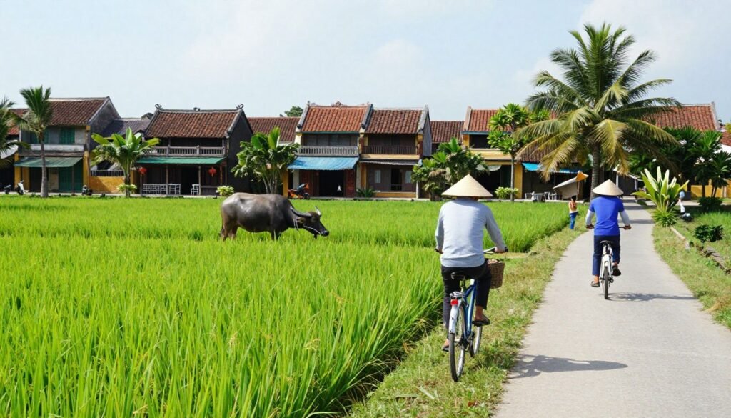 Cycling through rice fields near Hoi An with traditional houses