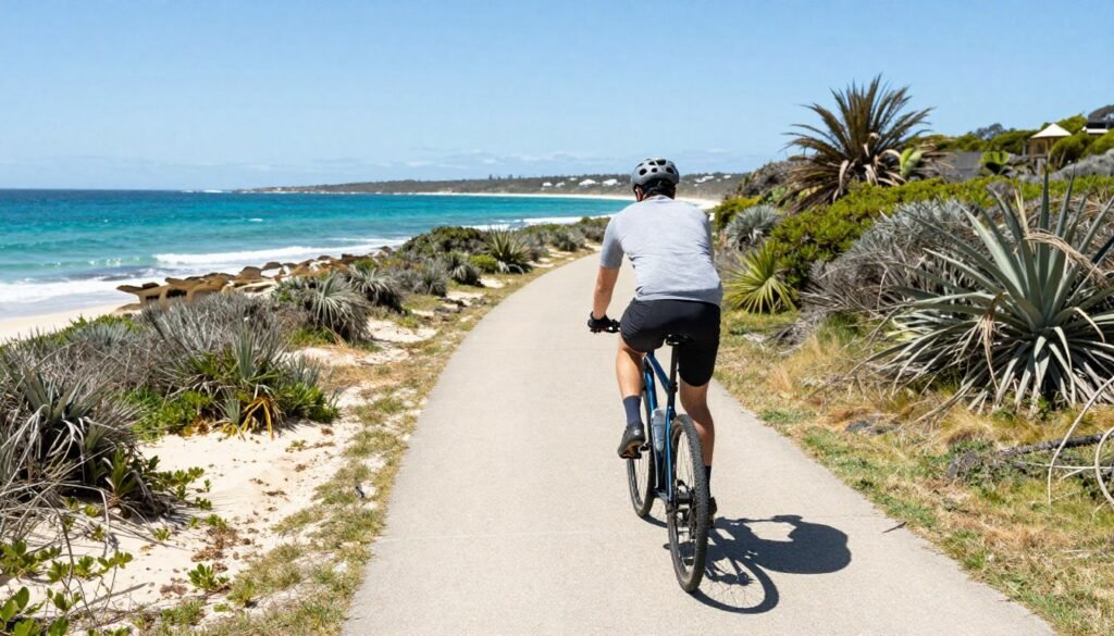 Cyclist riding along coastal path on Rottnest Island with ocean views