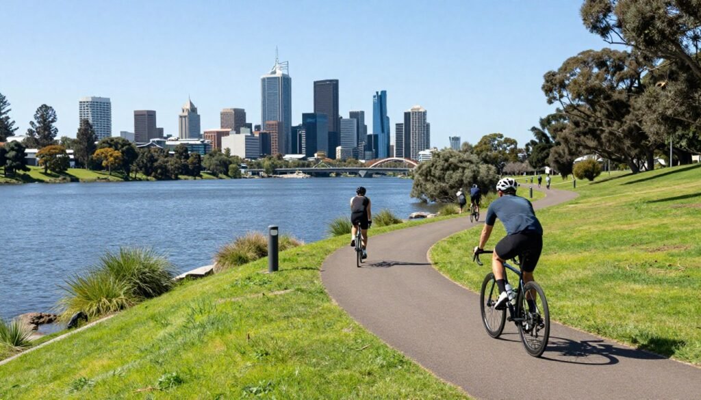 Cyclists on dedicated bike path along Swan River with city views