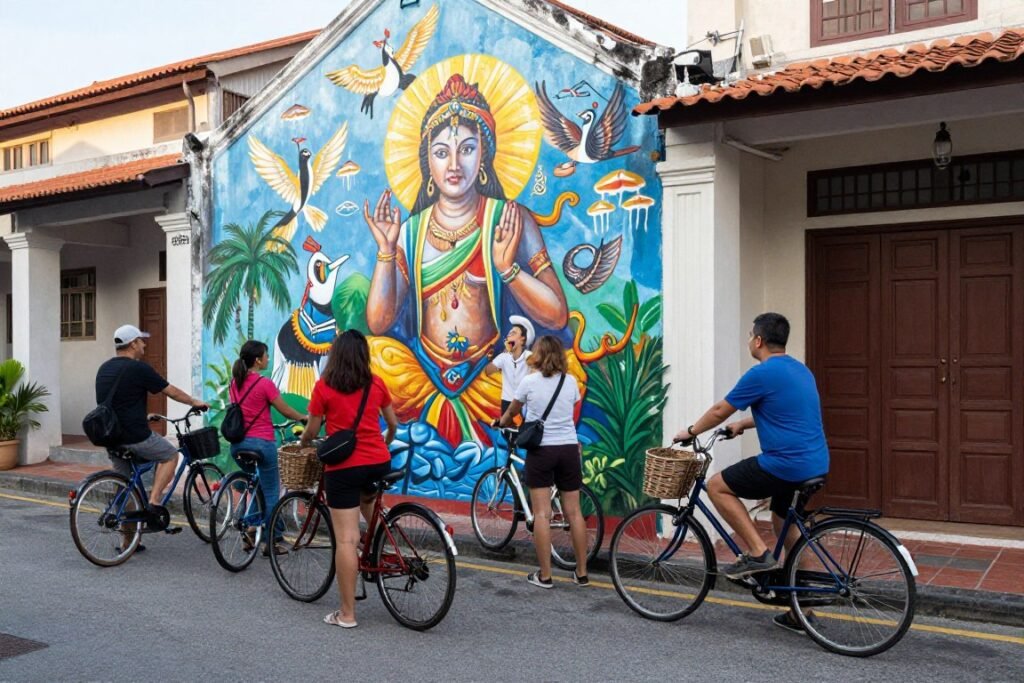 Cyclists stopping at street art mural in George Town