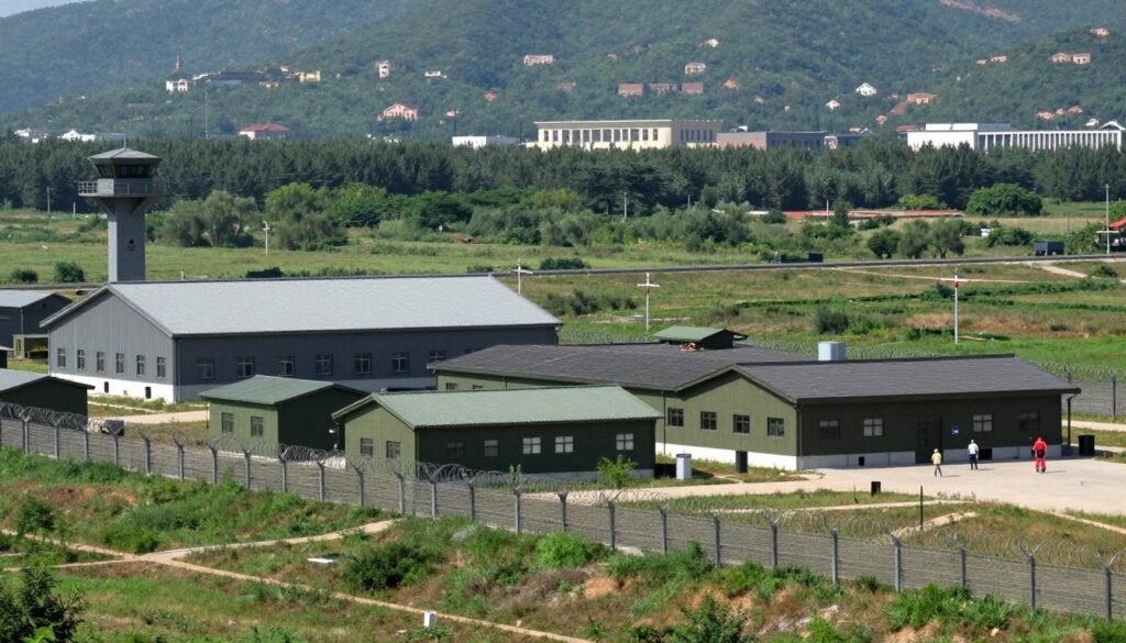DMZ border area with military buildings and observation point