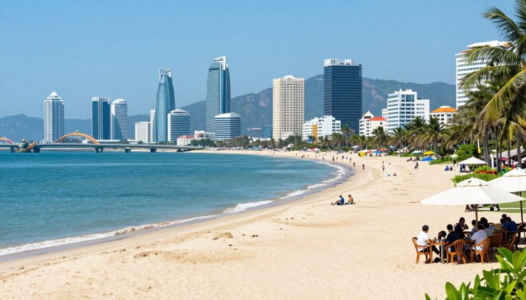 Da Nang beach with modern city skyline and mountains