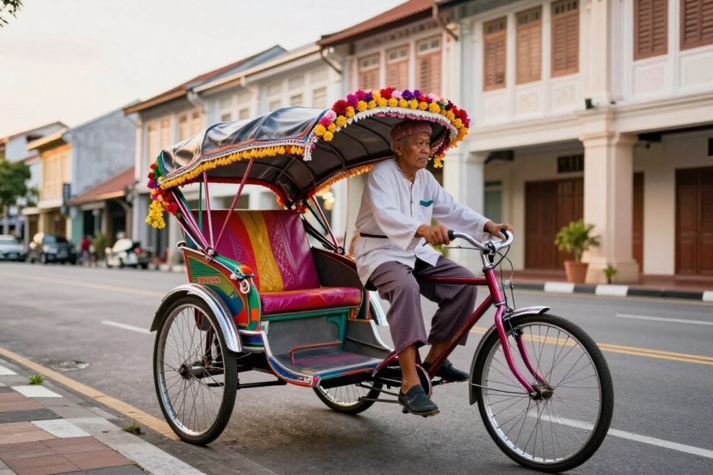 Decorated trishaw on George Town street with rider