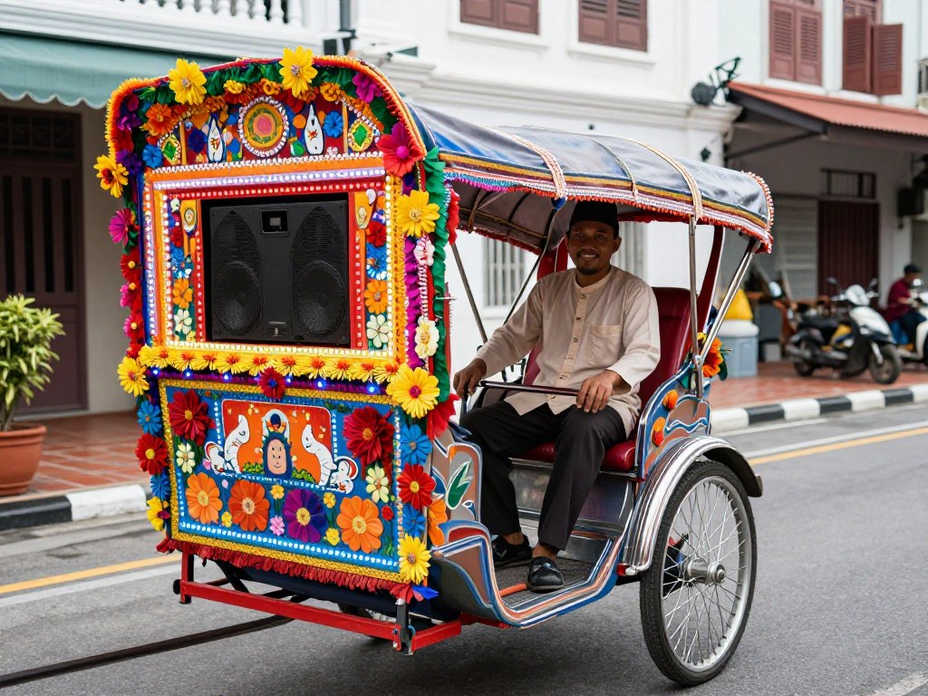 Decorated trishaw with driver in Malacca old town street
